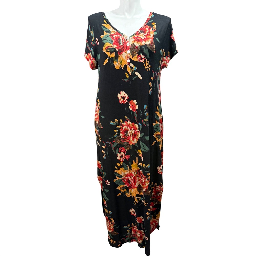 Grecerelle Womens Floral Maxi Dress Black V-Neck Short Sleeve Pockets XL